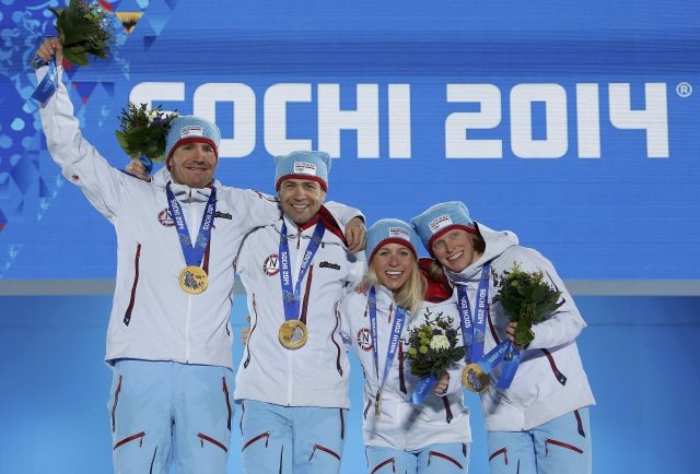 Gold medallists Berger, Eckhoff, Bjoerndalen and Svendsen of фото (photo)