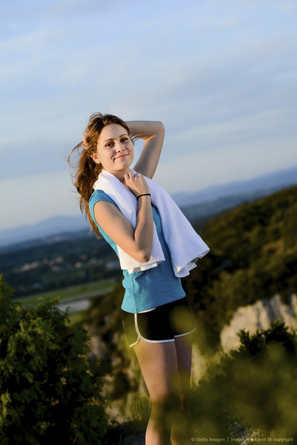 fitness sport healthy cheerful young woman running outdoor countryside landscape