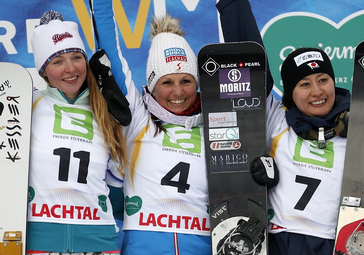 Austria's Claudia Riegler, center, celebrates her victory фото (photo)