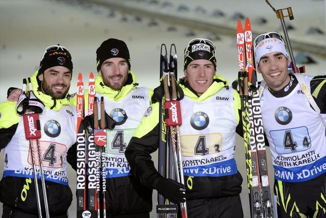 France's Fourcade, Beatrix, Maillet and Fourcade pose after фото (photo)