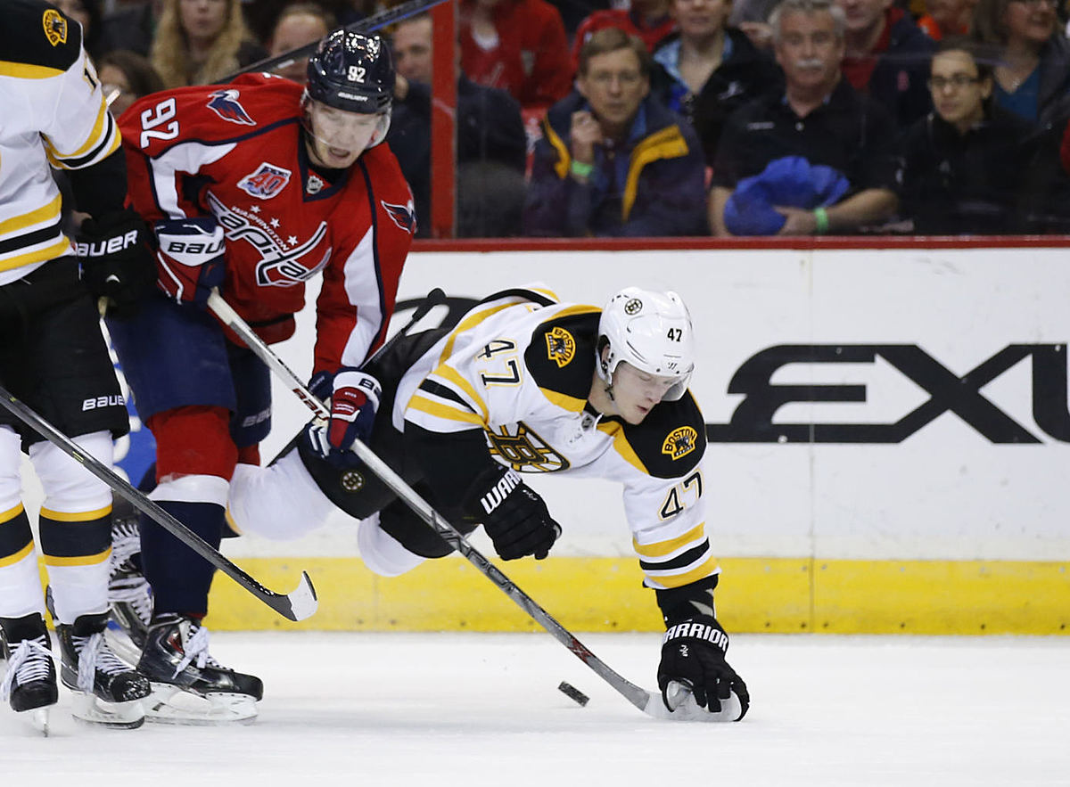 Хоккей в России: Boston Bruins defenseman Torey Krug (47) dives фото (photo)