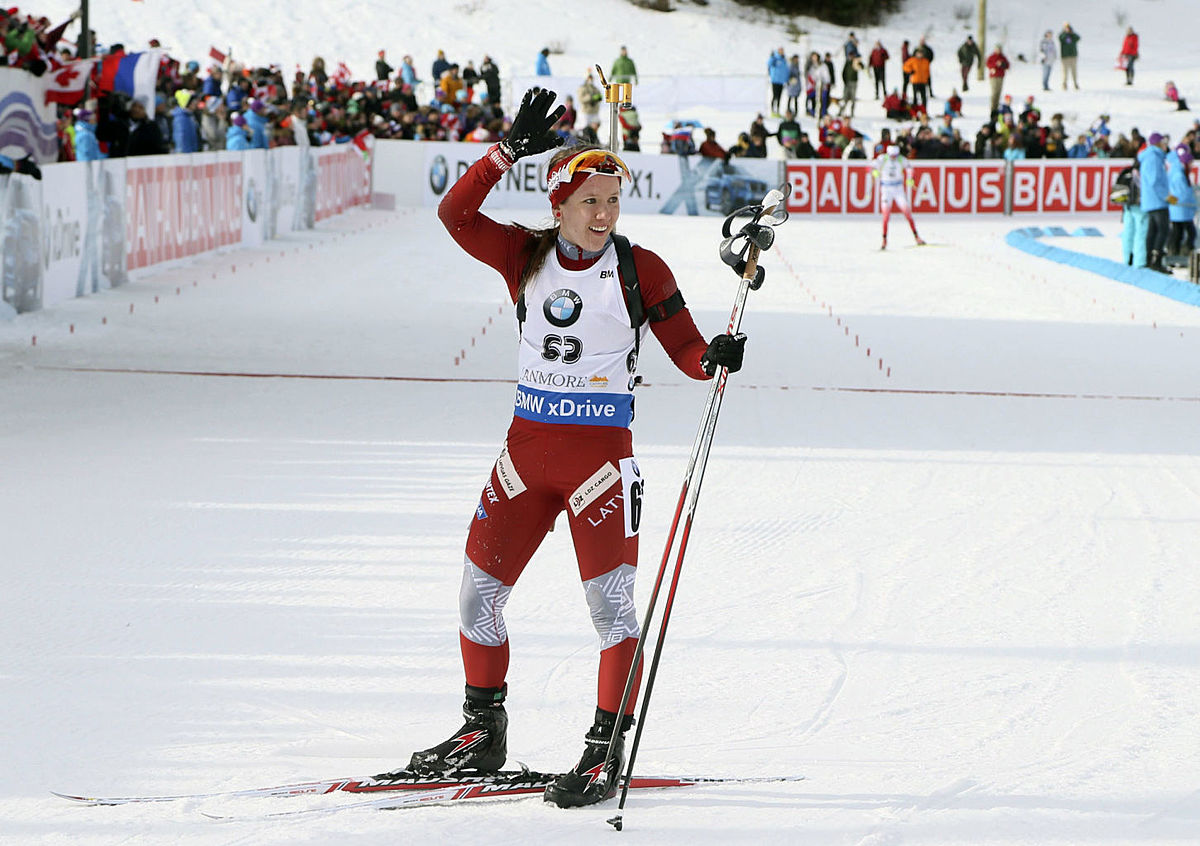 Baiba Bendika of Latvia celebrates in the finish area at the фото (photo)