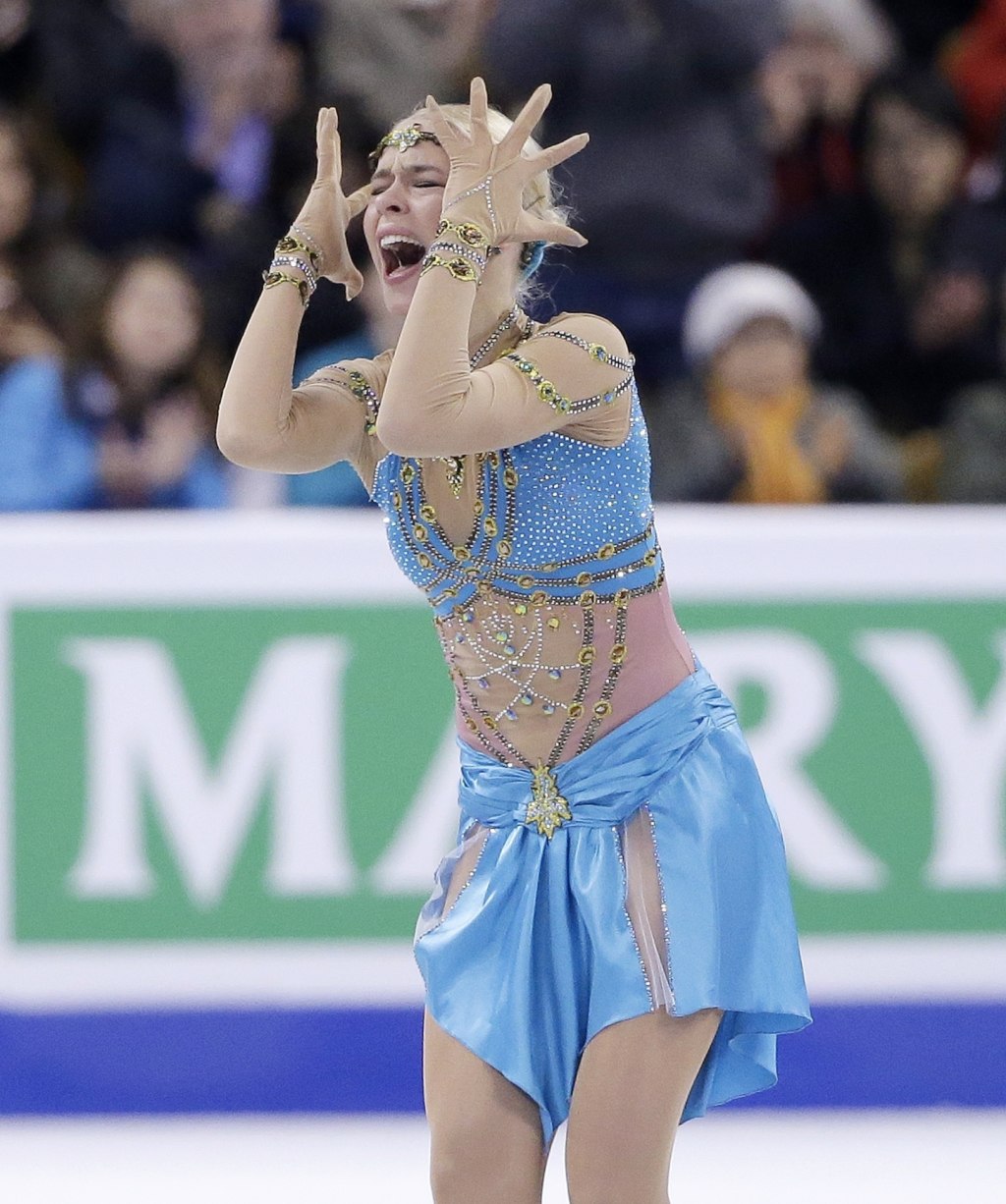 Anna Pogorilaya, of Russia, reacts after competing during the фото (photo)