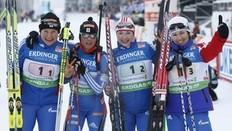 Russia's (L-R) Anna Bogaliy-Titovets, Svetlana Sleptsova, Anna Boulygina and Olga Medvedtseva celebrate their victory in the 4x6 km women's relay competition at the Biathlon World Cup in the eastern German ski resort of Oberhof, January 6, 2010. Team Russia won the event ahead of Germany and France.