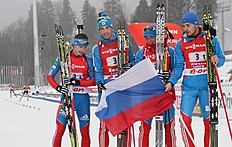 Krasnaya Polyana (Russian Federation), 10/03/2013.- Russian team members (L-R) Evgeny Ustyugov, Dmitry Malyshko, Alexander Loginov and Anton Shipulin...