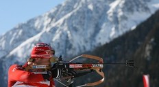 ANTHOLZ-ANTERSELVA, ITALY - JANUARY 23: Frode Andresen of Norway shoots during the men's sprint in the e.on Ruhrgas IBU Biathlon World Cup on January 23, 2010 in Antholz-Anterselva, Italy.