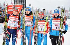 Hochfilzen (Austria), 07/12/2013.- Russia's (L-R) Dmitry Malyshko, Anton Shipulin, Evgeny Ustyugov and Alexey Volkov smile after taking the...