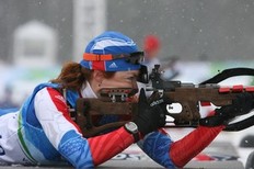 WHISTLER, CANADA - FEBRUARY 10: Anna Boulygina of Russia shoots during the women's Biathlon Training at the Olympic Winter Games Vancouver 2010 on February 10, 2010 in Whistler, Canada.