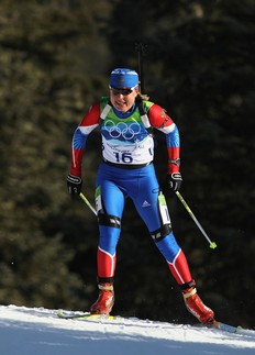 WHISTLER, BC - FEBRUARY 18: Anna Bogaliy-Titovets of Russia competes during the Biathlon Women's 15 km individual on day 7 of the 2010 Vancouver Winter Olympics at Whistler Olympic Park Biathlon Stadium on February 18, 2010 in Whistler, Canada.
