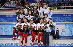 Конькобежный спорт The South Korean team, top left, the Canadian team, front left фото (photo)