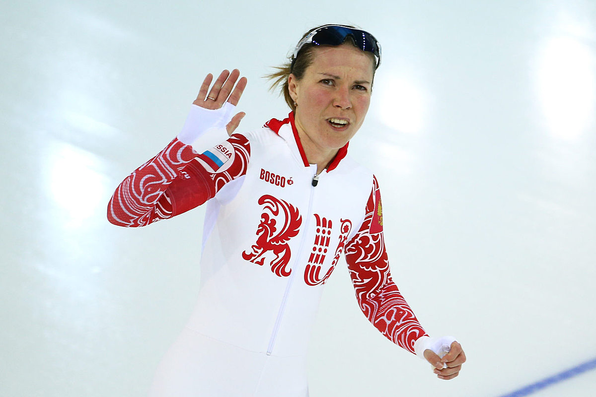 Olga Graf of Russia reacts after competing during the Women's 5000m Sp...