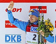 Russia's Anton Shipulin celebrates his victory in the men's 12.5km pursuit at the biathlon World Cup competition in Pokljuka, Slovenia, Saturday, March...