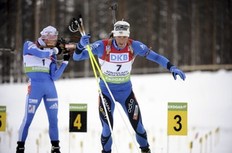 Third placed France's Vincent Jay heads to track after shooting during the men's biathlon 12.5 km individual pursuit at the IBU World Cup 2010 in Kontiolahti March 14, 2010.