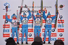 Russia's winner team from left: Maxim Tsvetkov, Timofey Lapshin, Dmitry Malyshko and Anton Shipulin celebrate on the podium after the men's Biathlon World...