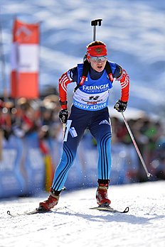 Russia's second placed Ekaterina Glazyrina skis during the women's Biathlon World Cup 10 kilometers pursuit race at the Biathlon World Cup in Hochfilzen,...