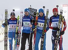Evgeniy Garanichev, Timofey Lapshin, Dmitry Malyshko and Anton Shipulin, all of Russia, from left to right, celebrate after winning the men's 4x7.5 kilometers...