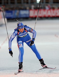 Russia's Iana Romanova races to cross the finish line in first place during the women's 7, 5 km sprint event of the Biathlon World Cup in the Siberian city of Khanty-Mansiysk on March 25, 2010. It is the first time that Romanova has succeeded in getting onto a World Cup podium, her previous best performance being a fourth-place finish in Oslo.