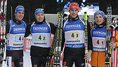Биатлон Second placed team Germany pose with Simon Schempp, from left фото (photo)