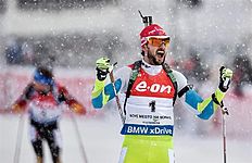 FIS_Nove Mesto (Czech Republic), 08/02/2015.- First placed Jakov Fak of Slovenia celebrates while crossing the finish line during the Men's 12,5km...
