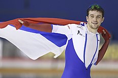 Конькобежный спорт Denis Yusdov of Russia celebrates after finishing second overall фото (photo)