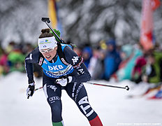 RUHPOLDING, GERMANY — JANUARY 17: Karin Oberhofer of Italia in action during the Women 4 x 5 km relay Biathlon race at the IBU Biathlon World Cup Ruhpolding on January 17, 2016 in Ruhpolding, Germany.
