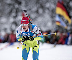 RUHPOLDING, GERMANY — JANUARY 17: Teja Gregorin of Slovenia in action during the Women 4 x 5 km relay Biathlon race at the IBU Biathlon World Cup Ruhpolding on January 17, 2016 in Ruhpolding, Germany.