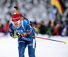 RUHPOLDING, GERMANY — JANUARY 17: Eva Puskarcikova of Czech Republic in action during the Women 4 x 5 km relay Biathlon race at the IBU Biathlon World Cup Ruhpolding on January 17, 2016 in Ruhpolding, Germany.
