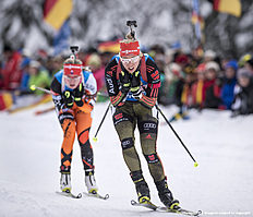 RUHPOLDING, GERMANY — JANUARY 17: Karolin Horchler of Germany in action during the Women 4 x 5 km relay Biathlon race at the IBU Biathlon World Cup Ruhpolding on January 17, 2016 in Ruhpolding, Germany.