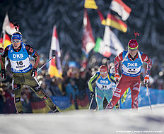ANTHOLZ-ANTERSELVA, ITALY — JANUARY 22: Simon Schempp of Germany , Ole Einar Bjoerndalen of Norway in action during the Biathlon Men 10 km Sprint at the IBU Biathlon World Cup Antholtz on January 22, 2016 in Antholtz, Italy.