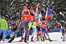 ANTHOLZ-ANTERSELVA, ITALY — JANUARY 23: (FRANCE OUT) Benedikt Doll of Germany competes during the IBU Biathlon World Cup Men's and Women's Pursuit on January 23, 2016 in Antholz-Anterselva, Italy.