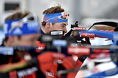 ANTHOLZ-ANTERSELVA, ITALY — JANUARY 23: (FRANCE OUT) Anton Shipulin of Russia takes 1st place during the IBU Biathlon World Cup Men's and Women's Pursuit on January 23, 2016 in Antholz-Anterselva, Italy.
