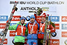 ANTHOLZ-ANTERSELVA, ITALY — JANUARY 23: (FRANCE OUT) Anton Shipulin of Russia takes 1st place, Simon Schempp of Germany takes 2nd place, Johannes Thingnes Boe of Norway takes 3rd place during the IBU Biathlon World Cup Men's and Women's Pursuit on January 23, 2016 in Antholz-Anterselva, Italy.