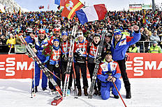 ANTHOLZ-ANTERSELVA, ITALY — JANUARY 24: (FRANCE OUT) Team France takes 1st place during the IBU Biathlon World Cup Men's and Women's Relay on January 24, 2016 in Antholz-Anterselva, Italy.