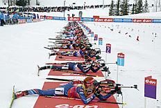 Gabriela Soukalova (1), of the Czech Republic, Dorothea Wierer (2), of Italy, and Marie Dorin Habert (3), of France, shoot during the women's 12.5-kilometer mass start event at the World Cup biathlon in Canmore, Alberta, Saturday, Feb. 6, 2016. (Mike Ridewood/The Canadian Press via AP) MANDATORY CREDIT