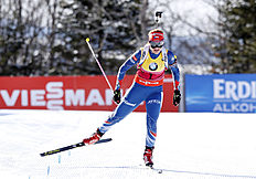 Gabriela Soukalova of the Czech Republic skis to victory in the pursuit competition during the World Cup Biathlon, Friday, Feb. 12, 2016, in Presque Isle, Maine. (AP Photo/Robert F. Bukaty)