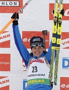 France's Sylvie Becaert placed third in the World Cup Biathlon women's 7, 5km sprint at Granasen in Trondheim, central Norway, Thursday March 19, 2009.