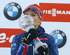 Czech Republic's Gabriela Soukalova poses with her Women's Overall World Cup Pursuit trophy at the award ceremony at the IBU World Championships Biathlon at Khanty-Mansiysk, 2759 km north-east of Moscow, Russia, Saturday, March 19, 2016. (AP Photo/Sergei Grits)