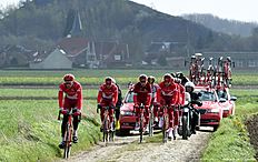 The Katusha cycling team from Russia competes during the cycling race Paris — Roubaix near Haveluy, northern France, on April 7, 2016. / AFP / FRANCOIS LO PRESTI