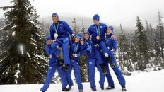 France's biathlon medalists (L-R) Marie Dorin, Martin Fourcade, Marie Laure Brunet, Sylvie Becaert, Vincent Jay and Sandrine Bailly joke as they pose in Whistler on February 26, 2010 during the Vancouver Winter Olympics.