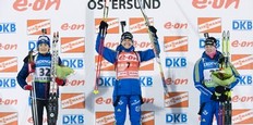 Winner Sweden's Anna Carin Zidek (C) stands on the podium with second-placed Marie-Laure Brunet (L) and third-placed Helena Ekholm (R) after winning the women's Biathlon 15km individual race in Oestersund on December 1, 2010.