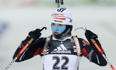 Germany's Andrea Henkel reacts as she finishes her race at the sixth place during the women's World Cup Biathlon 7.5 km sprint race in Oestersund on December 3, 2010.