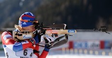 Russian Natalia Guseva shots durring the Women's 4x6 km relay event of the Biathlon World Cup in Anterselva on January 22, 2011. Russia won ahead of Sweden and Germany.