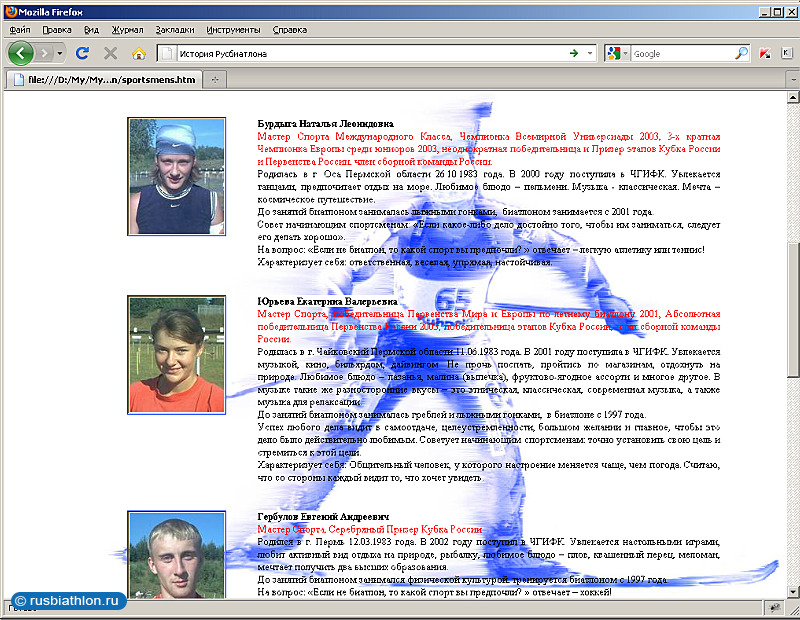 История сайта Русбиатлон начинается с 2003 года (версия 1). Страница «Спортсмены»