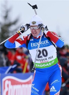 Ivan Tcherezov, of Russia, competes on his way to a third place finish in the men's 10 kilometer sprint at the Biathlon World Cup, Friday, Feb. 4, 2011, in Presque Isle, Maine.