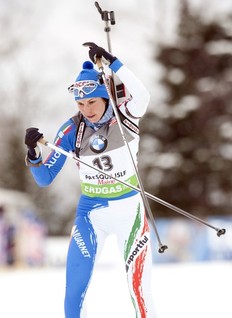 Italy's Michela Ponza competes during the IBU World Cup Biathlon Women's 7.5km Sprint February 4, 2011 in Presque Isle, Maine.