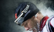 Daniel Mesotitsch of Austria is seen after crossing the finish line in 10th place during the men's Biathlon 20km individual race on December 2, 2010 in Oestersund, Sweden.