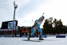KHANTY-MANSIYSK, RUSSIA — MARCH 13: Vita Semerenko of Ukraine takes 2nd place during the IBU Biathlon World Championships Women's 4x6km Relay on March 13, 2011 in Khanty-Mansiysk, Russia.