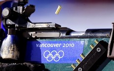 Athletes compete during the men's Biathlon 20 km individual at the Whistler Olympic Park during the Vancouver Winter Olympics on February 18, 2010.