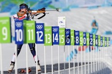Sara Studebaker of the US competes in the women's Biathlon 15 km individual at the Whistler Olympic Park during the Vancouver Winter Olympics on February 18, 2010.