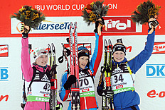 Gold Medalist Russia Olga Zaitseva (C), Silver Belarus' Darya Domracheva (L) And Bronze Sw...